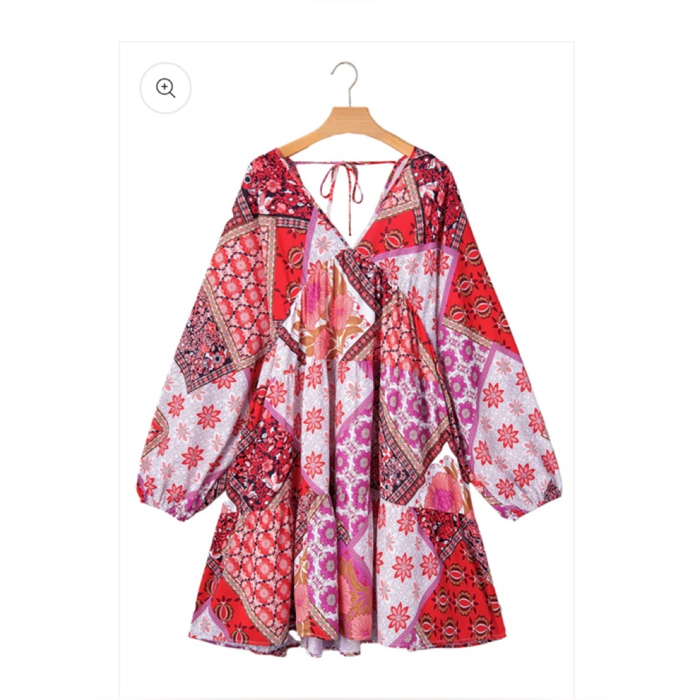 Rose Floral Patchwork Long Sleeve V Neck Lace Up Back Mini Dress Wm’s Sz 4x NWT
